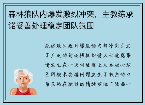 森林狼队内爆发激烈冲突，主教练承诺妥善处理稳定团队氛围